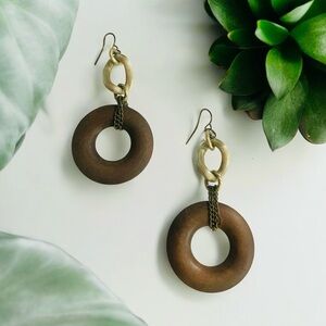 Classic Natural Wooden Hoop Dangle Earrings dark brown